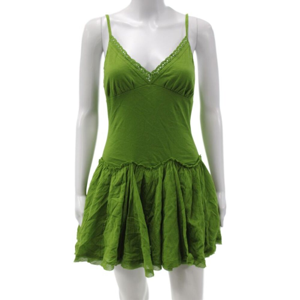 Free-est Women Mini Boho Green Cotton V-Neck Sleeveless Tie Dress Size S
